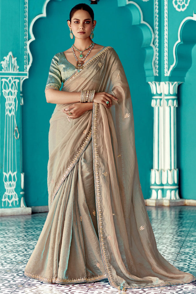 Awesome Beige Border Work Tissue Silk Traditional Saree With Blouse