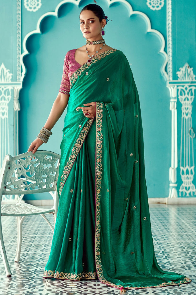 Lovely Green Heavy Border Work Silk Event Wear Saree With Blouse