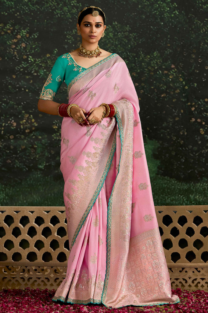 Charming Baby Pink Zari Weaving Silk Wedding Wear Saree With Blouse