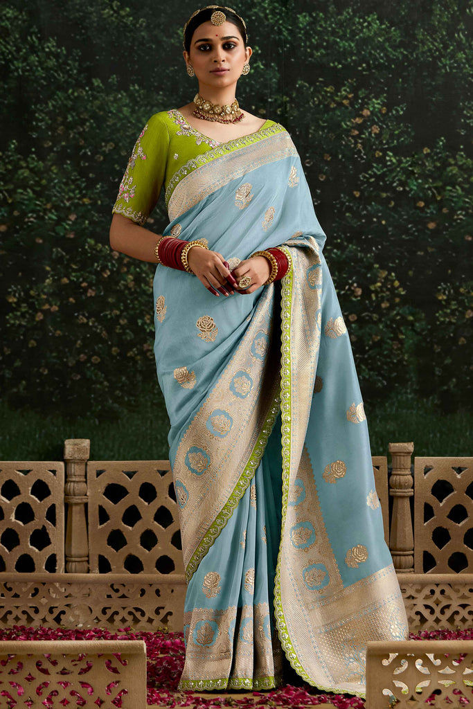 Precious Powder Blue Zari Weaving Silk Function Wear Saree With Blouse