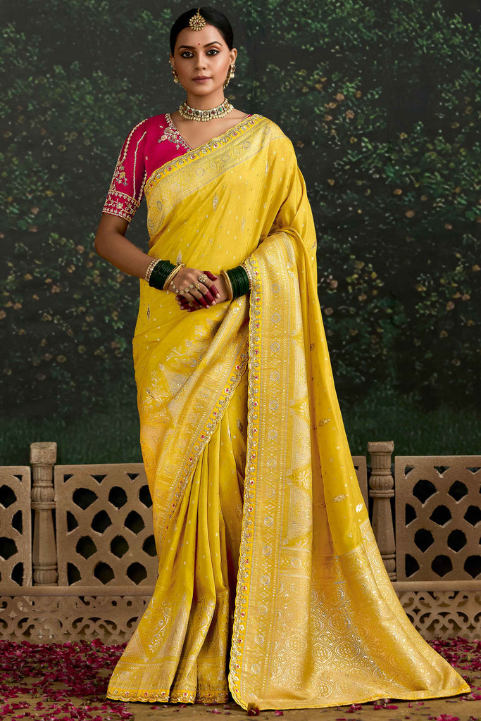 Incredible Yellow Zari Weaving Silk Haldi Wear Saree With Blouse