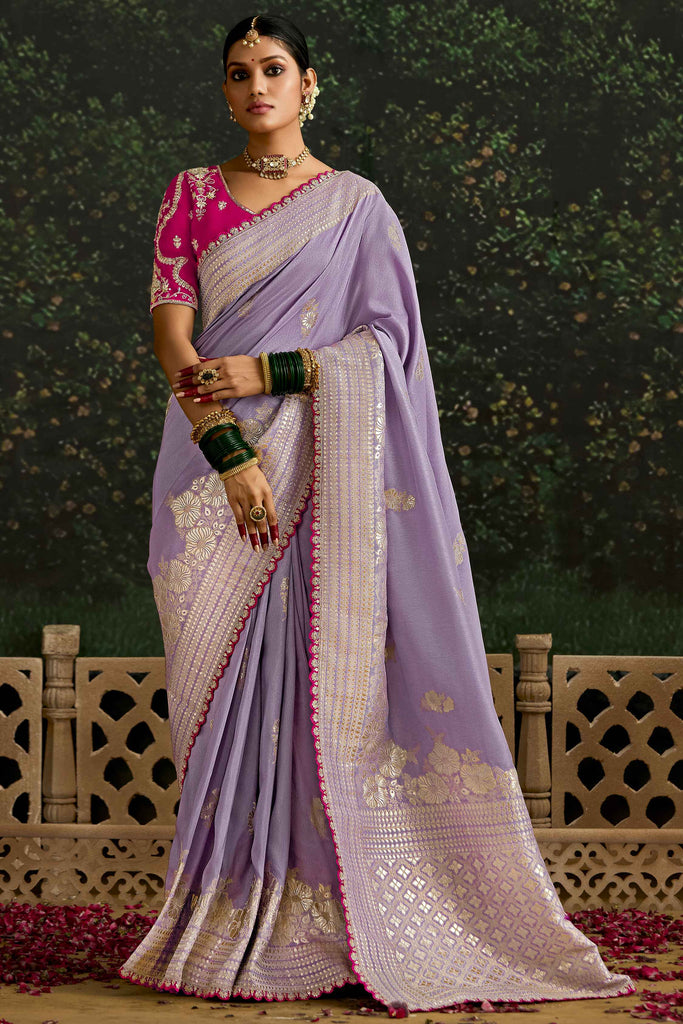 Shocking Lavender Zari Weaving Silk Wedding Wear Saree With Blouse