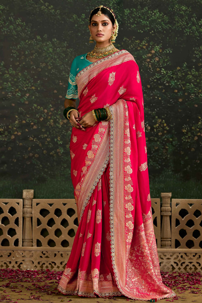 Astonishing Pink Zari Weaving Silk Reception Wear Saree With Blouse