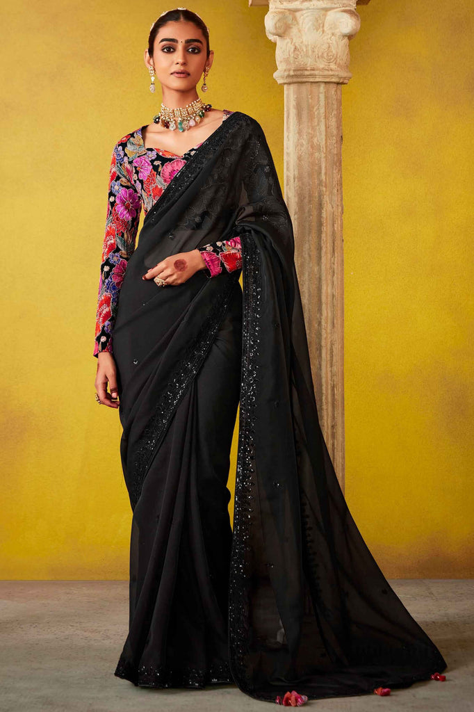 Winsome Black Sequins Organza Reception Wear Saree With Blouse