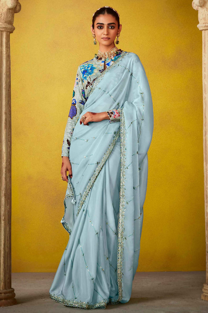 Mesmerizing Sky-Blue Sequins Organza Wedding Wear Saree With Blouse