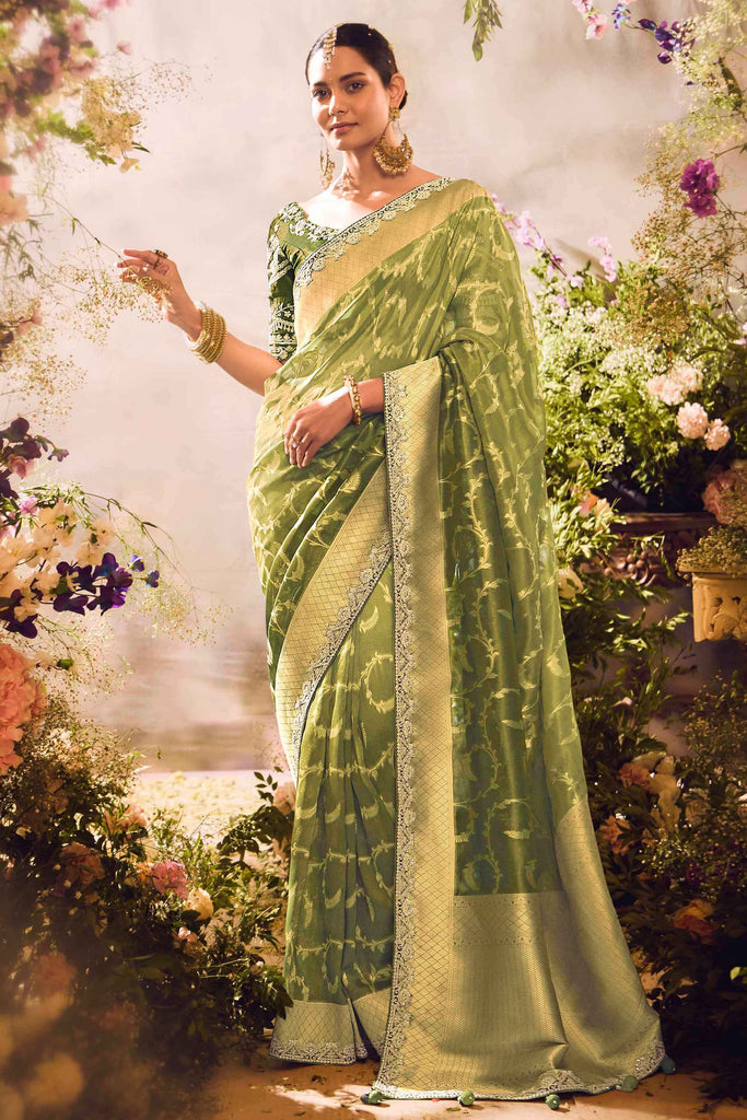 Beautiful Green Zari Weaving Organza Mehendi Wear Saree With Blouse