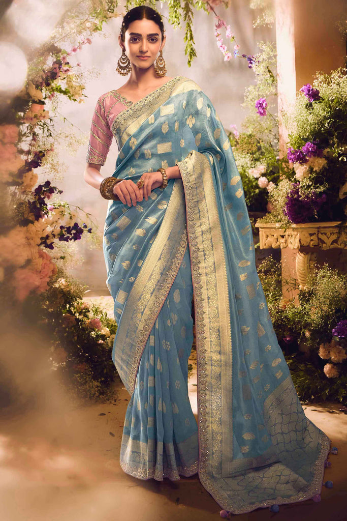 Stunning Powder Blue Zari Weaving Organza Event Wear Saree With Blouse