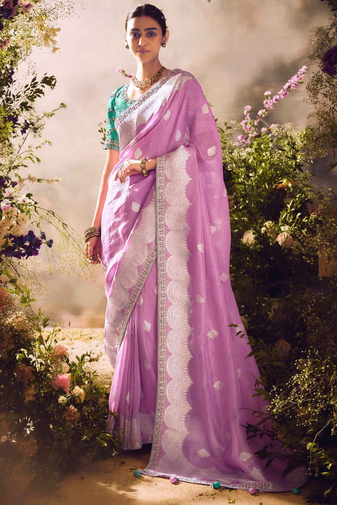 Marvelous Lavender Zari Weaving Organza Event Wear Saree With Blouse