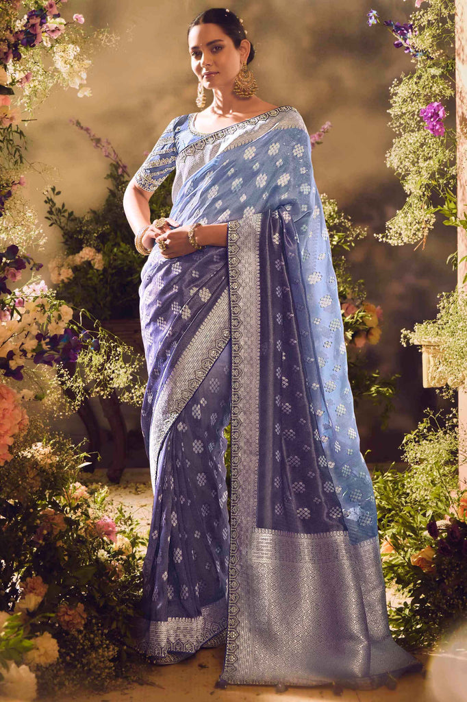 Mesmerizing Blue Zari Weaving Organza Traditional Saree With Blouse