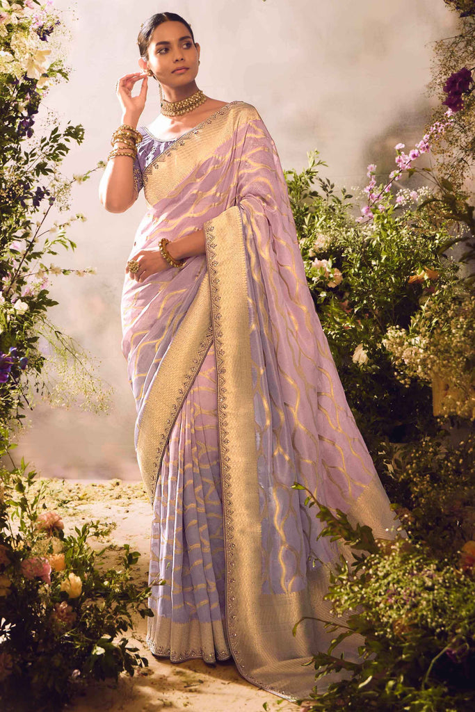 Engaging Lilac Color Zari Weaving Organza Event Wear Saree With Blouse