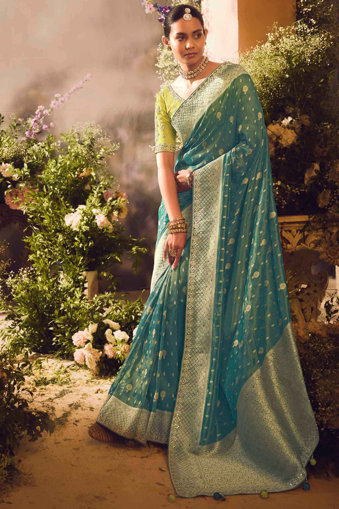 Spectacular Teal Green Zari Weaving Organza Wedding Wear Saree