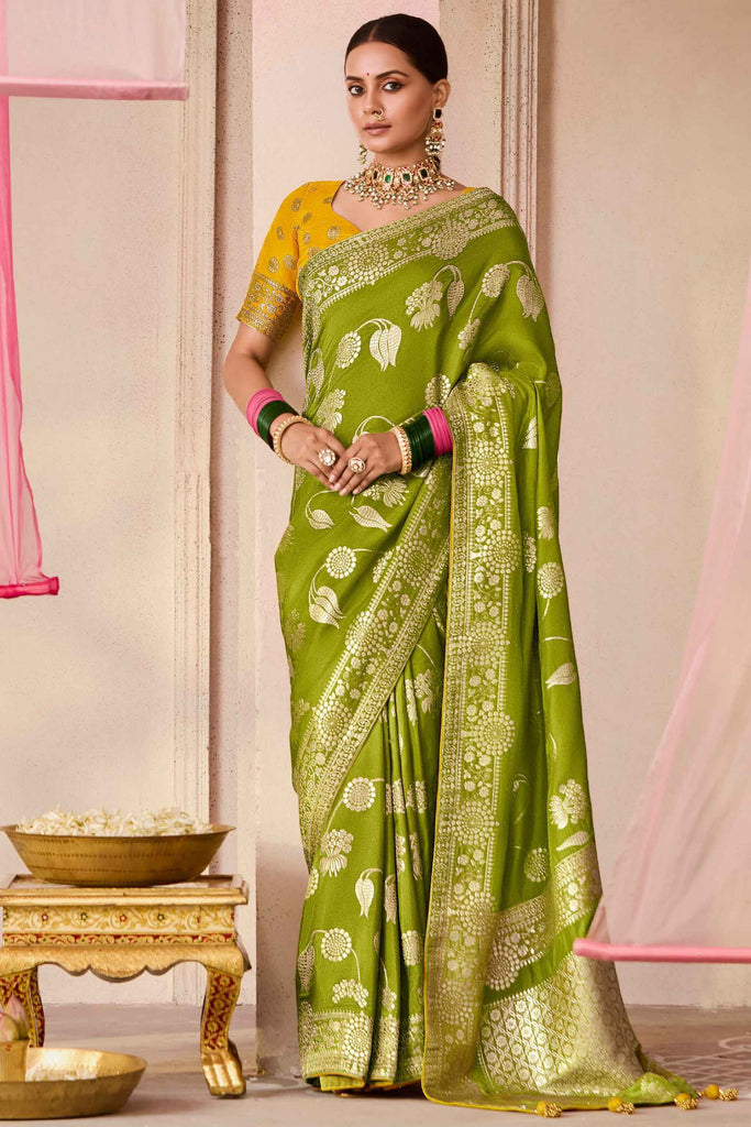 Exquisite Olive Green Zari Weaving Silk Mehendi Wear Saree With Blouse