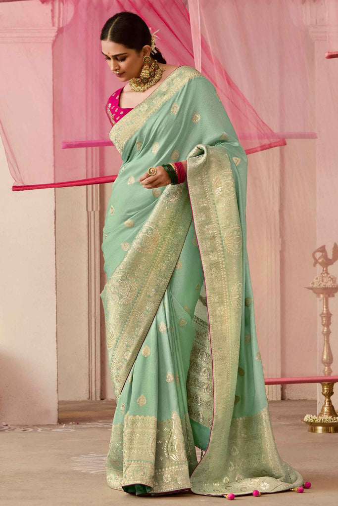 Stunning Seafoam Green Zari Weaving Silk Traditional Saree With Blouse