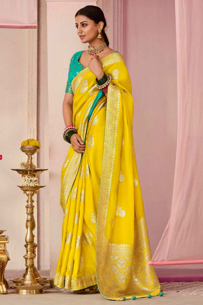 Delightful Yellow Zari Weaving Silk Haldi Wear Saree With Blouse