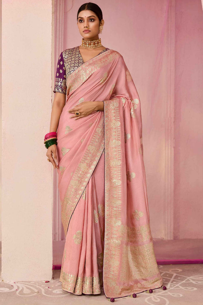 Precious Peach Zari Weaving Silk Wedding Wear Saree With Blouse