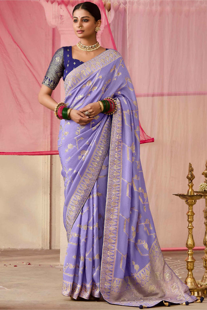 Marvelous Lavender Zari Weaving Silk Reception Wear Saree With Blouse