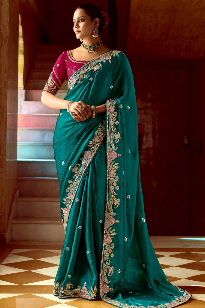 Awesome Teal Green Heavy Border Organza Wedding Wear Saree
