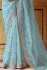 Delightful Sky-Blue Thread Embroidered Organza Reception Wear Saree