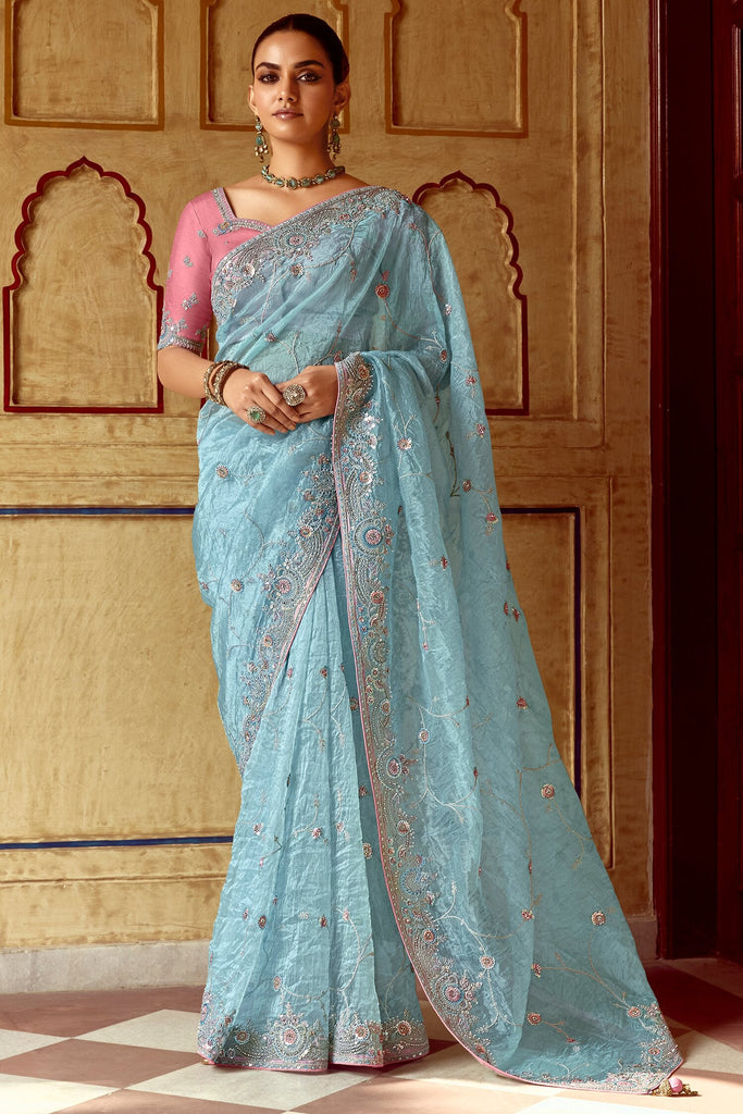 Delightful Sky-Blue Thread Embroidered Organza Reception Wear Saree