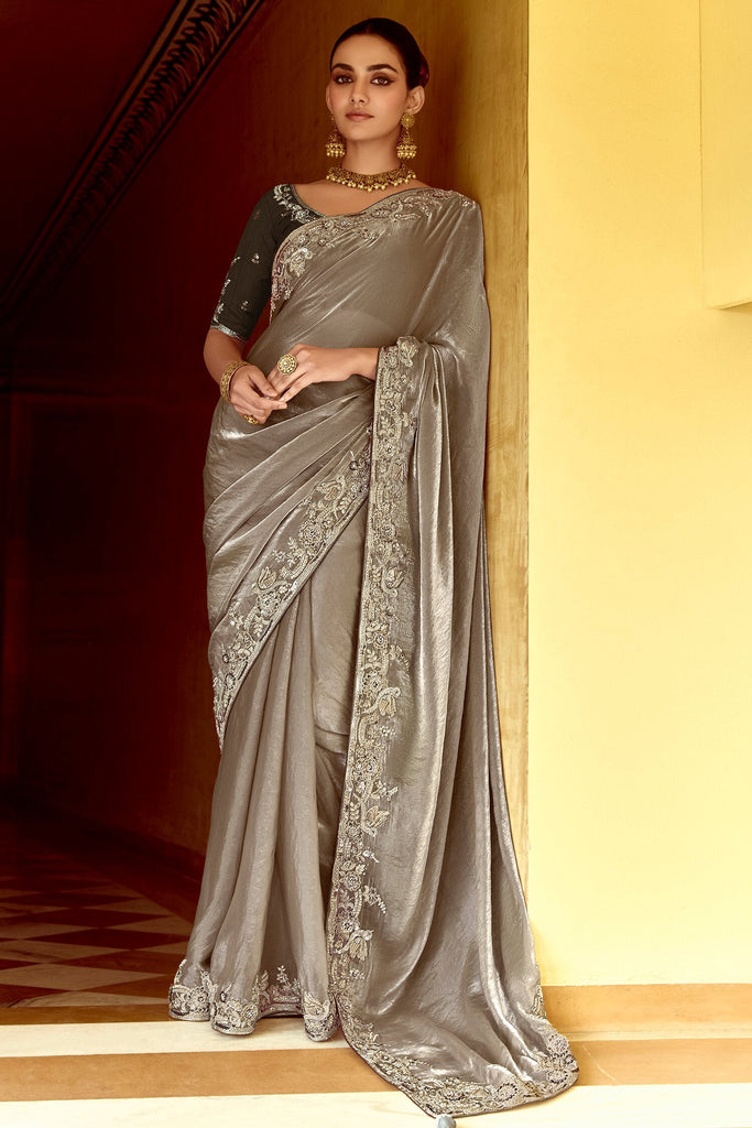 Lovable Grey Heavy Border Organza Festival Wear Saree With Blouse