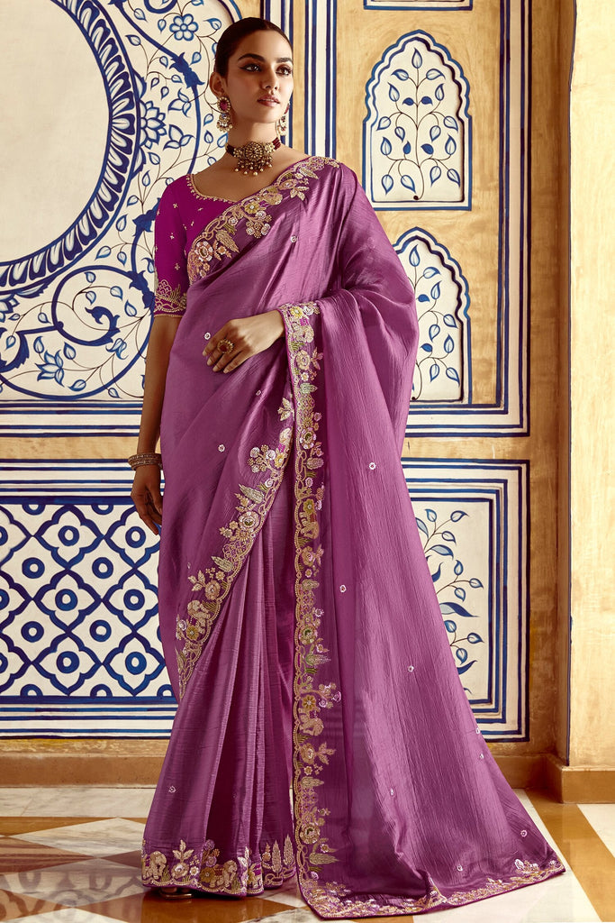 Spectacular Purple Border Work Organza Wedding Saree With Blouse