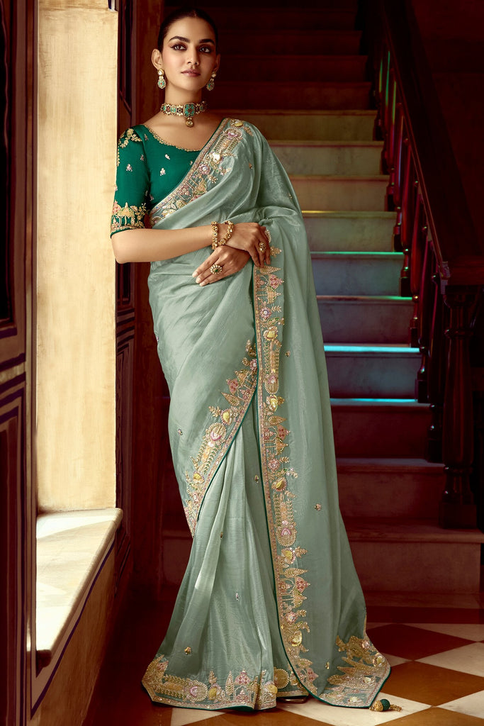 Stunning Sea Green Border Work Organza Engagement Wear Saree