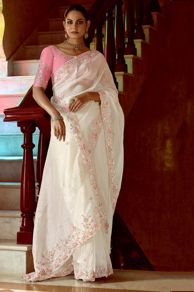 Adorable White Border Work Organza Event Wear Saree With Blouse