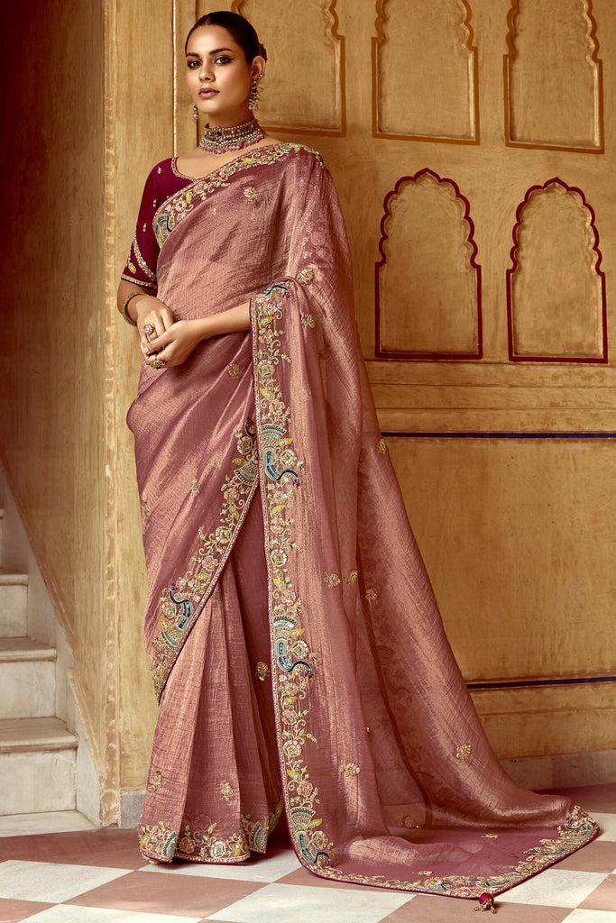 Surprising Dusty Pink Organza Wedding Wear Saree With Blouse