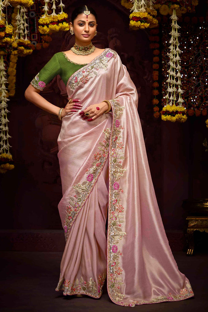 Magnetic Baby Pink Heavy Border Work Kanjivaram Silk Event Wear Saree