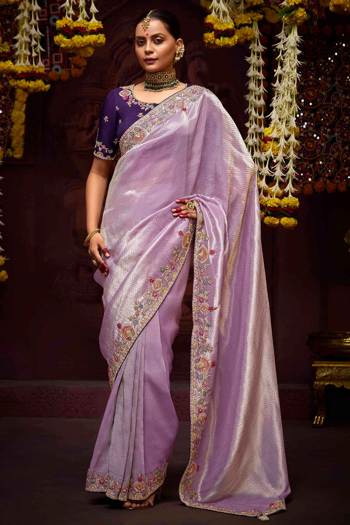 Pretty Lavender Heavy Embroidery Kanjivaram Silk Reception Wear Saree