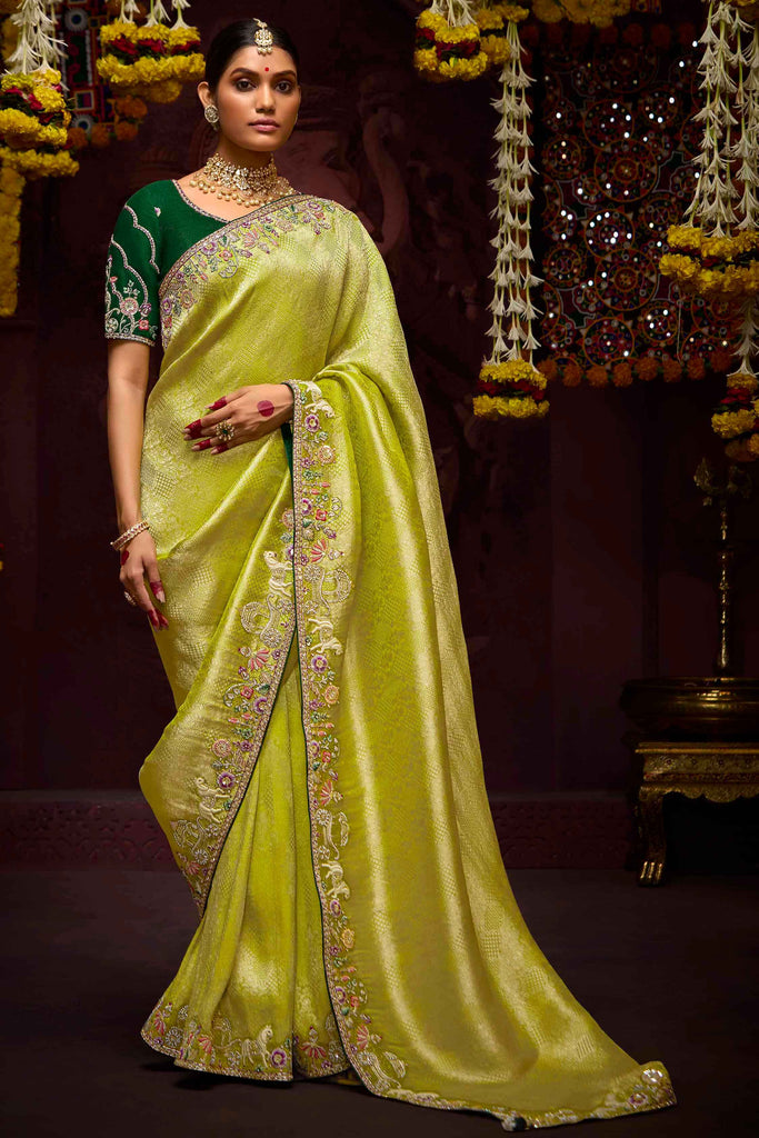 Lovely Yellow Green Heavy Border Work Kanjivaram Silk Event Wear Saree