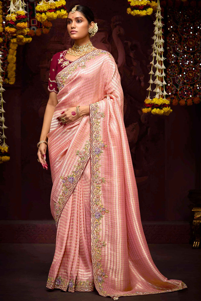 Attractive Peach Embroidered Kanjivaram Silk Engagement Wear Saree