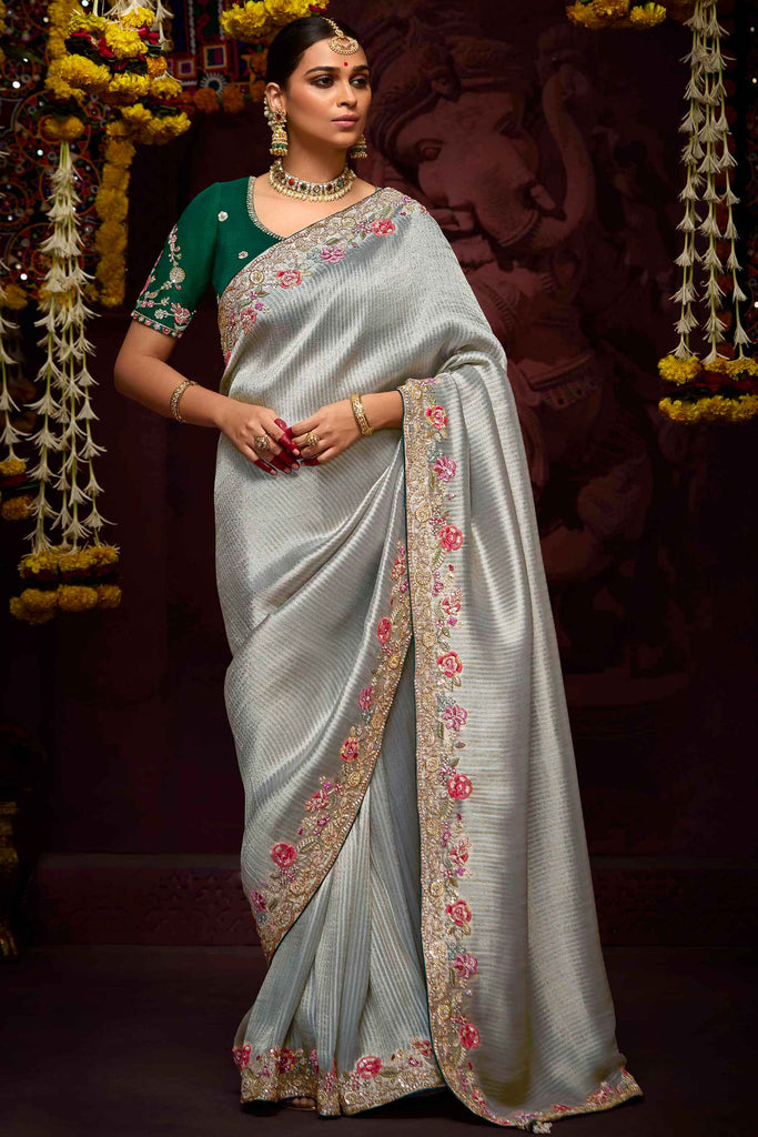 Admire Grey Thread Embroidery Work Kanjivaram Silk Function Wear Saree