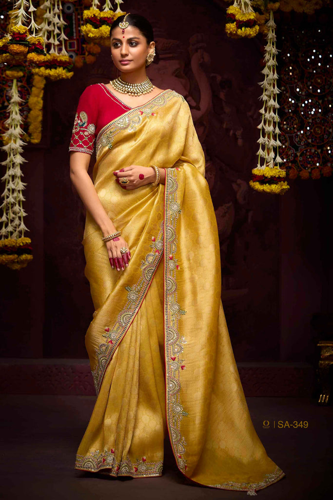 Enchanting Mustard Embroidered Kanjivaram Silk Haldi Wear Saree