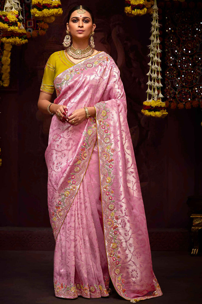 Exquisite Baby Pink Thread Work Kanjivaram Silk Wedding Wear Saree