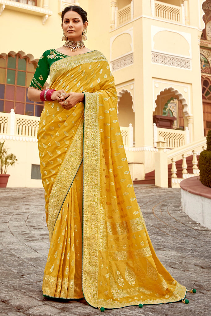 Shocking Yellow Zari Weaving Dola Silk Haldi Wear Saree With Blouse