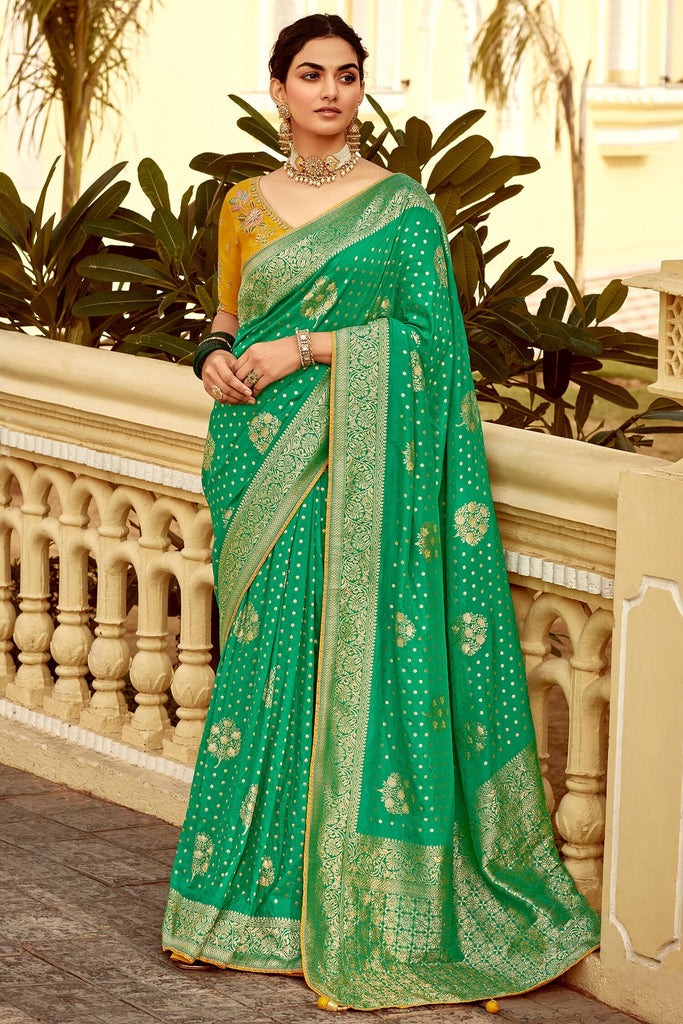 Excellent Green Zari Weaving Dola Silk Saree With Blouse