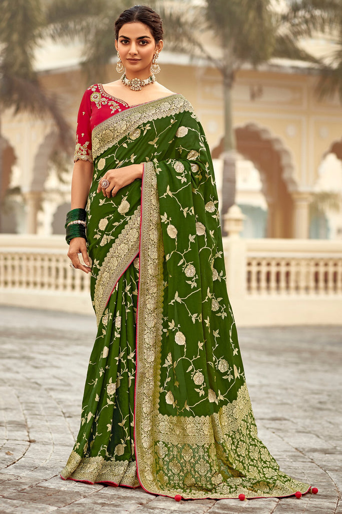 Alluring Olive Green Zari Weaving Dola Silk Mehendi Wear Saree