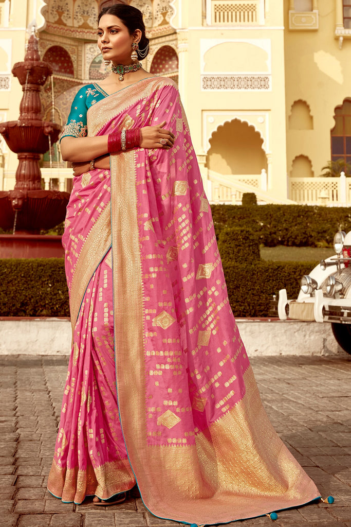 Glamorous Pink Zari Weaving Dola Silk Festival Wear Saree With Blouse