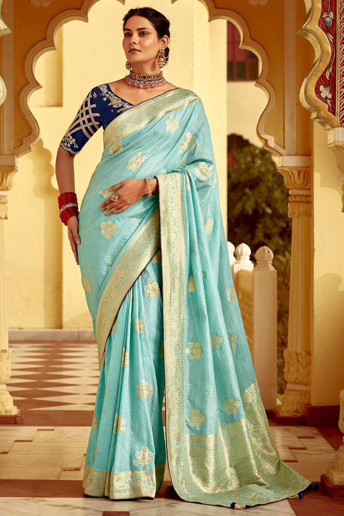 Pretty Sky-Blue Zari Weaving Dola Silk Engagement Wear Saree