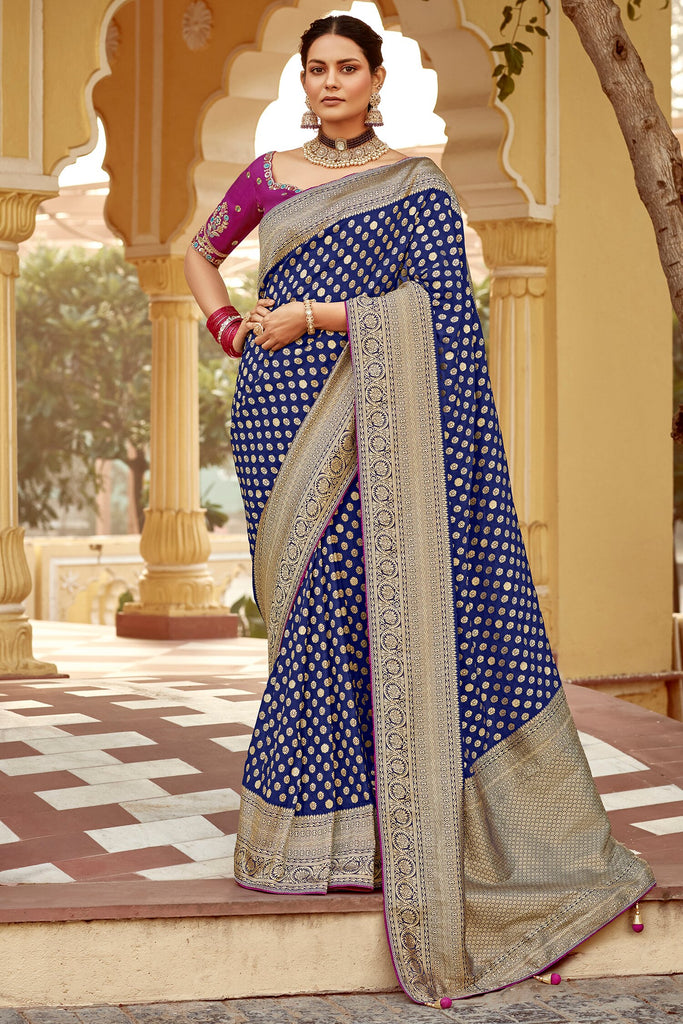 Enchanting Navy-Blue Zari Weaving Dola Silk Saree With Blouse