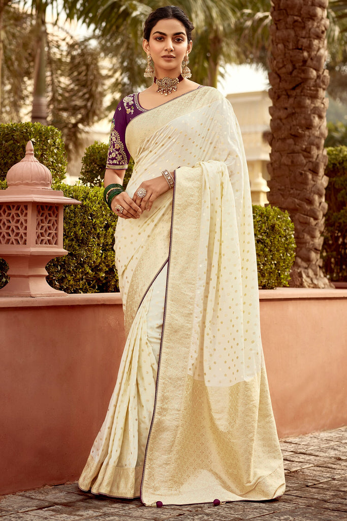 Beautiful Beige Zari Weaving Dola Silk Traditional Saree With Blouse