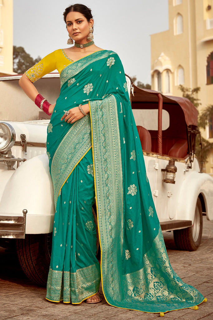 Captivating Teal Green Zari Weaving Dola Silk Festival Wear Saree