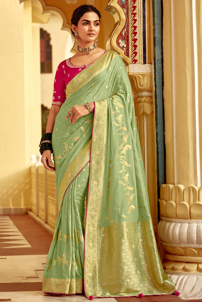 Dazzling Sea Green Zari Weaving Dola Silk Saree With Blouse