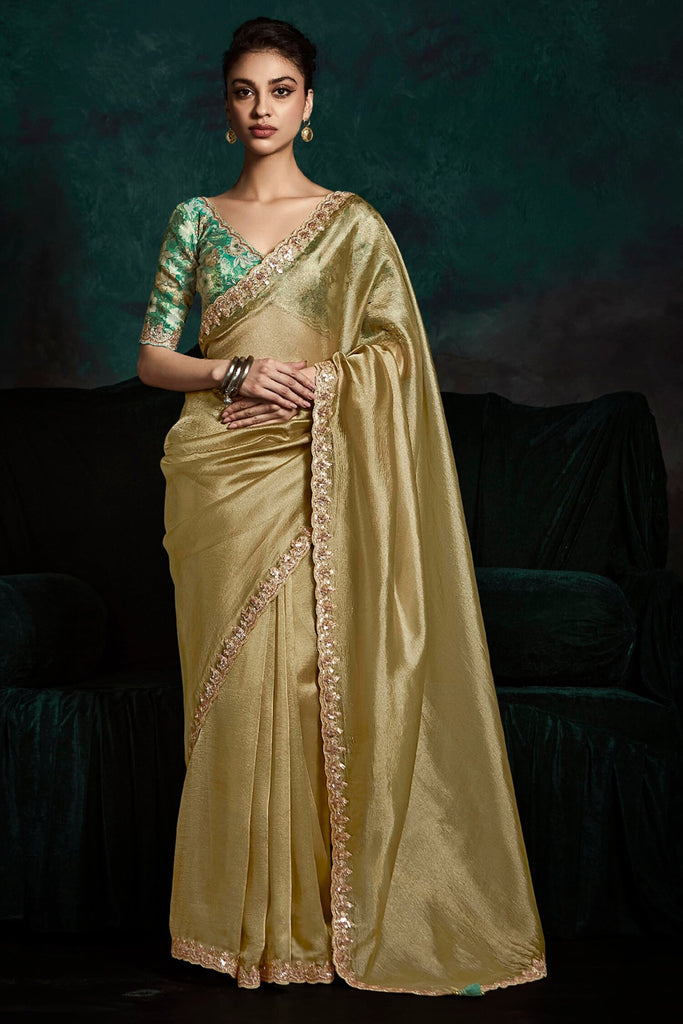 Mesmerizing Golden Tissue Silk Saree With Printed Blouse