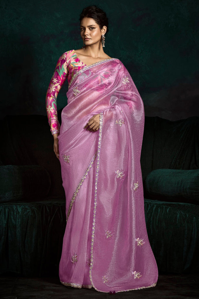 Stunning Pink Zari Embroidered Tissue Silk Saree With Blouse