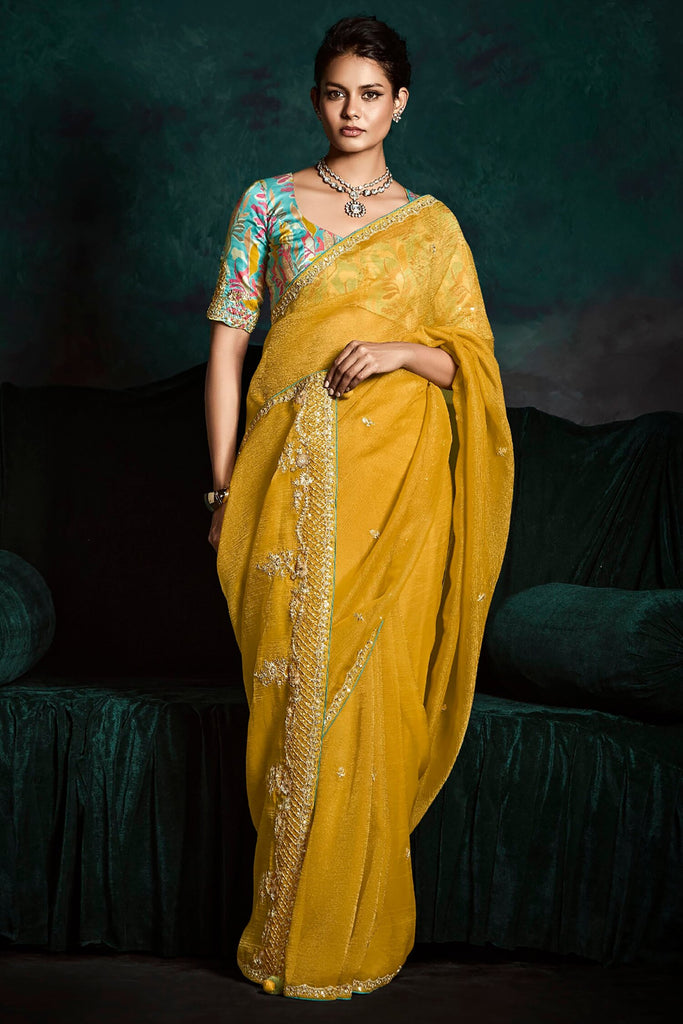 Exquisite Yellow Embroidered Silk Haldi Wear Saree With Blouse