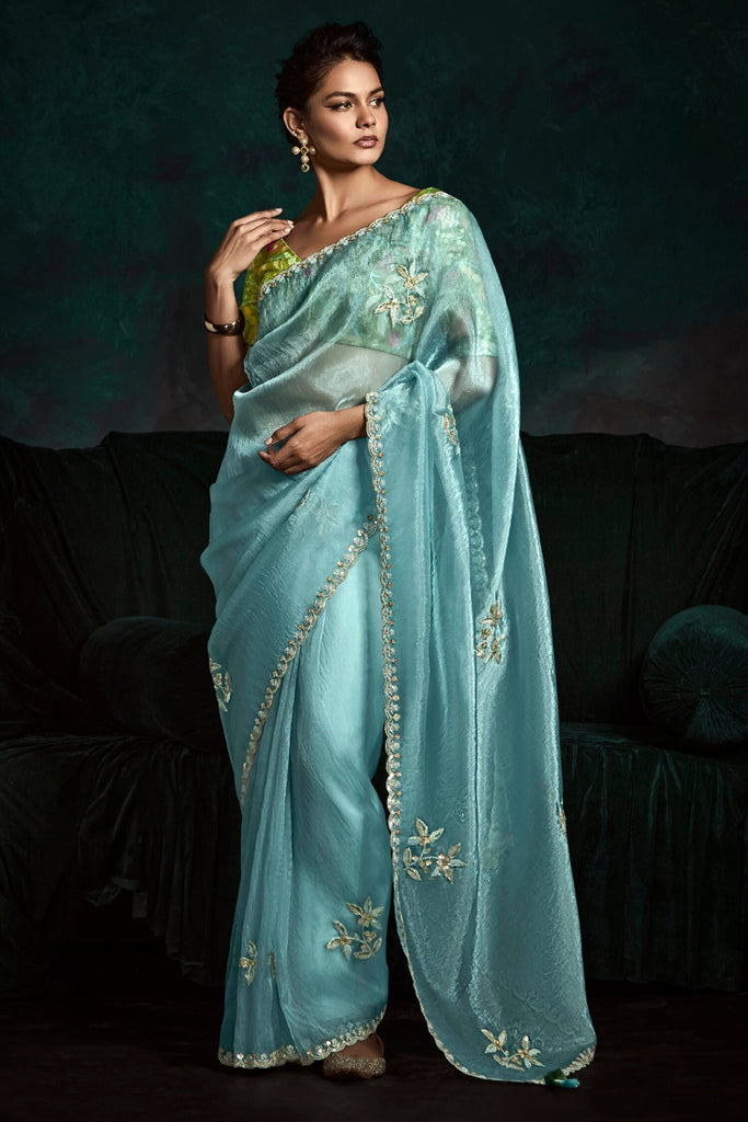 Pretty Sky-Blue Embroidered Tissue Silk Engagement Wear Saree