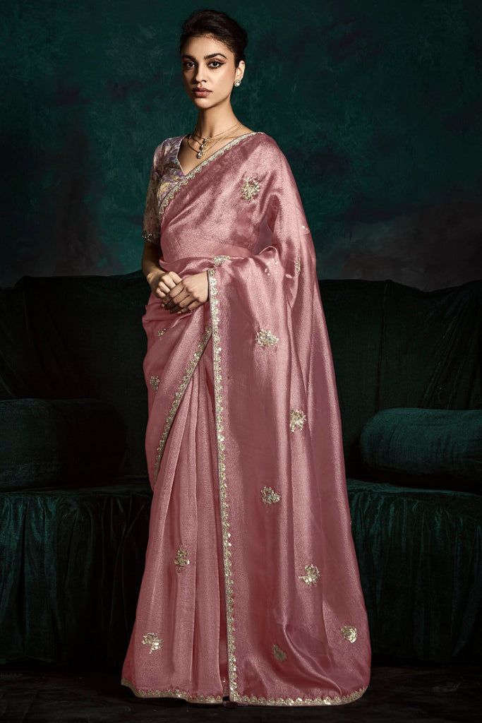 Alluring Pink Tissue Silk Engagement Wear Saree With Blouse