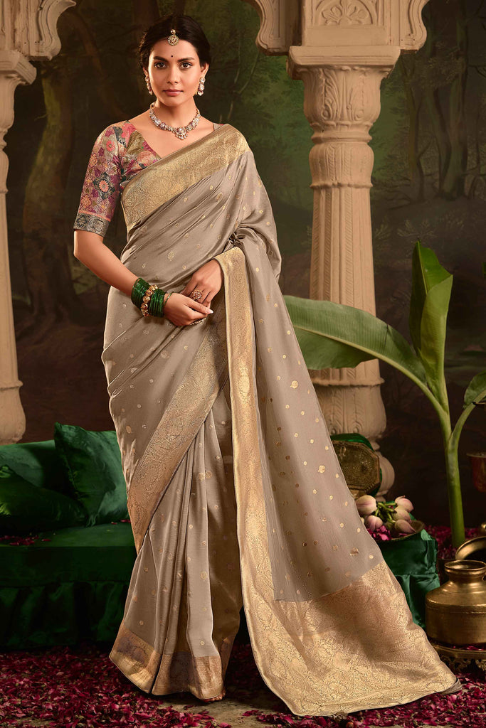 Wonderful Grey Zari Weaving Silk Function Wear Saree With Blouse